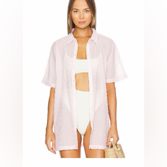 Lovers And Friends Pink Sheer Button-Up Beach Cover-Up